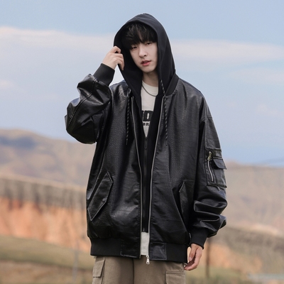 WASSUP拼接连帽皮衣外套男