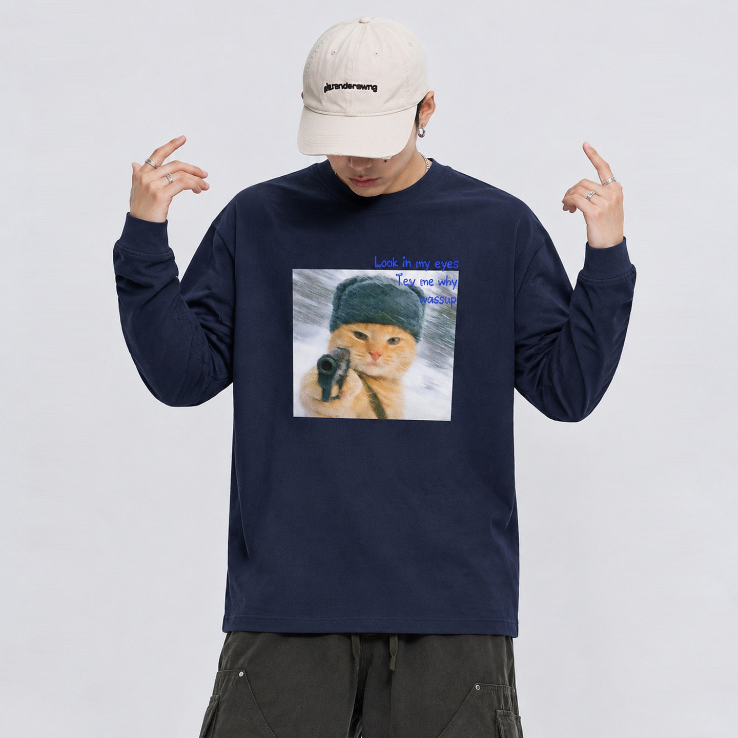 WASSUP美式痞帅猫咪长袖T恤男女2