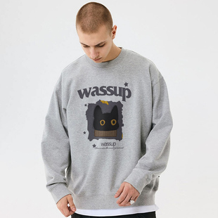 WASSUP潮牌美式加绒圆领卫衣男女生秋冬季重磅情侣装休闲套头上衣