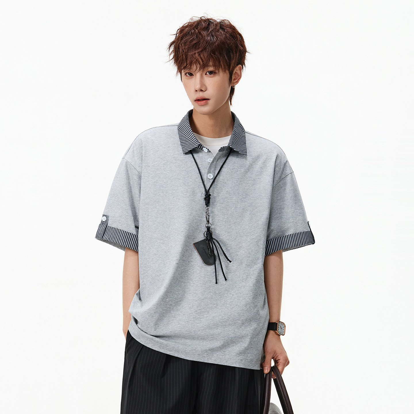 WASSUP美式条纹假两件Polo衫短袖男夏季潮牌重磅宽松百搭情侣半袖