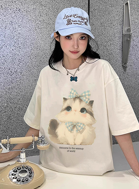 WASSUP潮牌3D卡通猫咪短袖T恤女宽松oversize百搭夏季圆领上衣服