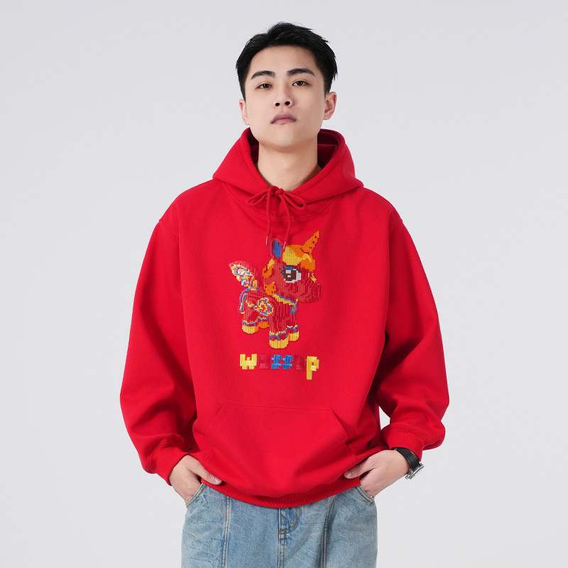 WASSUP潮牌重磅马年贴片绣花情侣卫衣秋冬2026新款加绒连帽上衣男