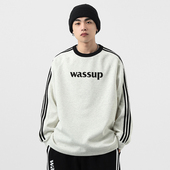 WASSUP潮牌三条杠字母长袖 卫衣男女秋冬青少年宽松情侣打底衫 男