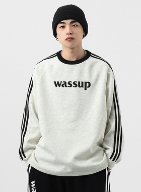 WASSUP潮牌三条杠字母长袖卫衣男女秋冬青少年宽松情侣打底衫男