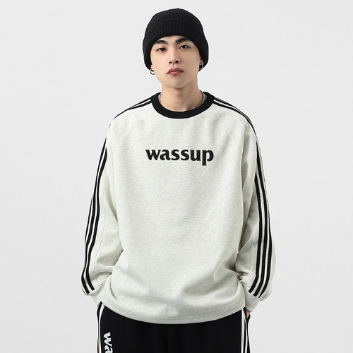 WASSUP潮牌字母长袖卫衣三条杠