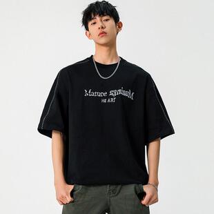 WASSUP美式复古字母刺绣t恤男夏季重磅纯棉痞帅圆领半袖宽松短袖