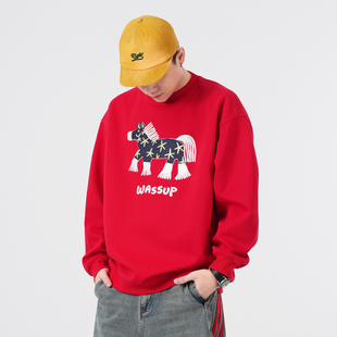 WASSUP马年贴片绣花国潮重磅加绒卫衣男女秋冬宽松休闲圆领上衣服