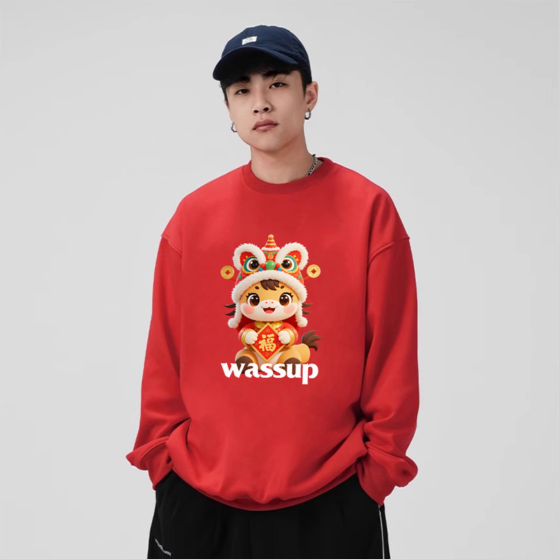 WASSUP国潮马年重磅加绒红色卫衣