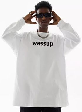 WASSUP胶印立体字母潮牌长袖t恤男女秋冬百搭情侣休闲打底衫上衣