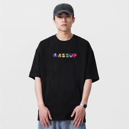 WASSUP短袖T恤男士新款简约百搭情侣装夏季潮牌纯棉休闲圆领上衣