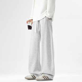 宽松潮流青少年直筒休闲长裤 男秋季 米灰弯刀阔腿裤 WASSUP潮牌美式