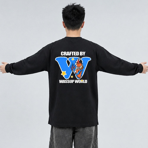 WASSUP卡通加菲猫印花长袖T恤男2