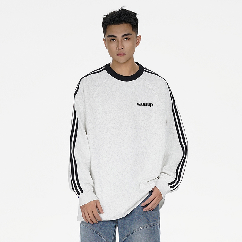 WASSUP米灰条杠字母长袖卫衣男