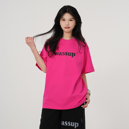 WASSUP玫红色字母T恤短袖女上衣