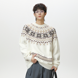 WASSUP美式复古百搭圆领费尔岛民族风毛衣春秋男女百搭针织衫外套