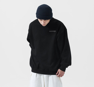 WASSUP套头卫衣男士无帽 国潮牌ins圆领秋冬美式重磅加绒情侣