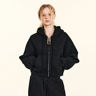 WASSUP潮牌美式运动小个子穿搭短款开衫卫衣女秋冬季潮流连帽外套