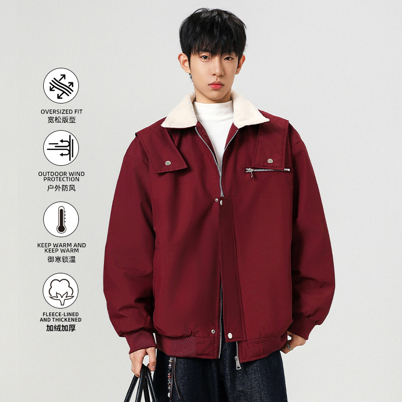 WASSUP羊羔绒美式复古酒红夹克男冬季新款休闲痞帅青少年工装外套,男装,棉衣,淘宝优惠券,粉丝福利购,淘宝优惠卷