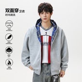 WASSUP蓝格纹双面穿拉链卫衣帽衫 潮牌情侣重磅廓形外套 男女秋冬款