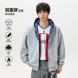 WASSUP蓝格纹双面穿拉链卫衣帽衫 潮牌情侣重磅廓形外套 男女秋冬款