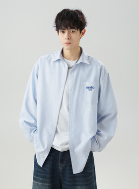 WASSUP蓝色条纹衬衫男长袖开春外套男款日系高级清新休闲情侣衬衣