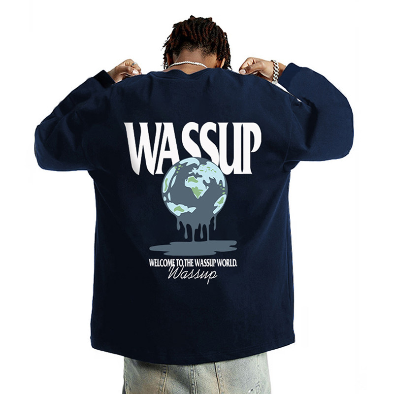 WASSUP星球环卫主题长袖T恤男秋季宽松休闲重磅纯棉圆领体恤上衣