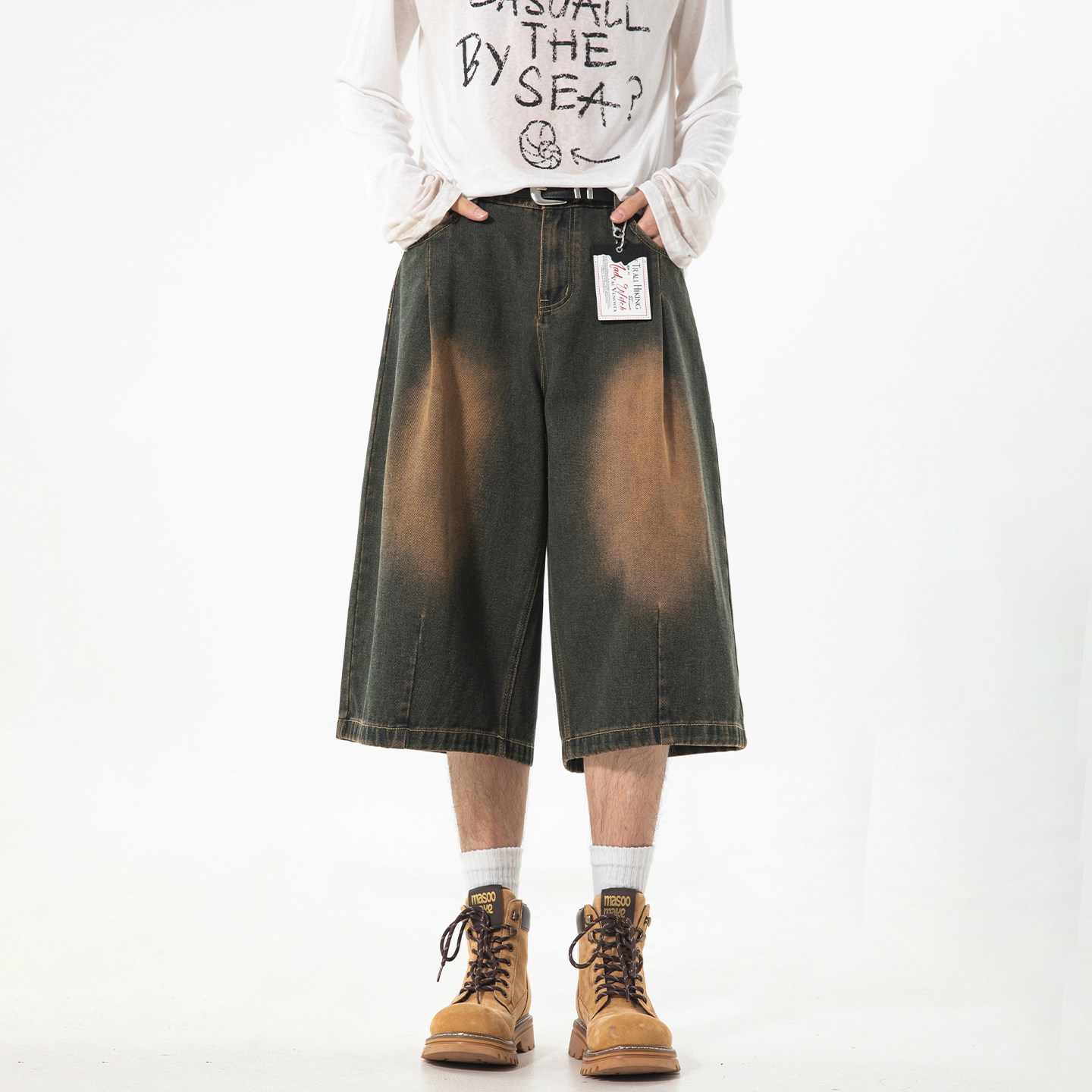 WASSUP美式复古做旧七分牛仔裤男夏季高腰五分中裤阔腿水洗休闲裤