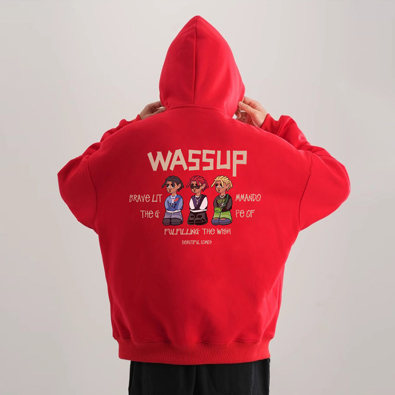 WASSUP HEODS国潮牌龙年卫衣男连帽秋冬美式宽松加绒情侣帽衫红色