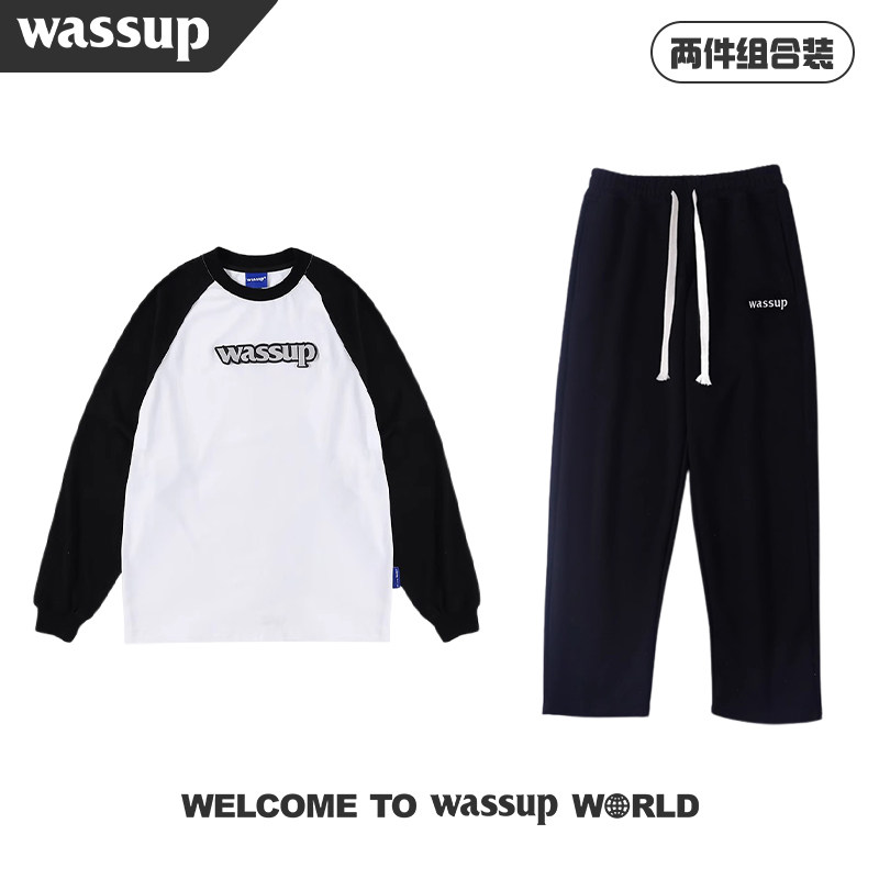 WASSUP潮牌魔术贴星标纯棉插肩长袖T恤男秋冬季休闲裤子两件套装
