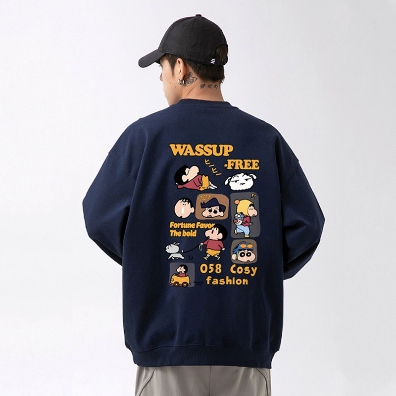 WASSUP卡通新之助加绒卫衣男女款秋冬宽松休闲潮流百搭圆领上衣服