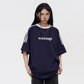 宽松重磅体恤衫 夏季 T恤男女款 WASSUP运动复古潮牌字母三条杆短袖
