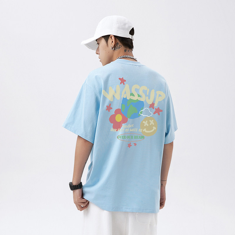 WASSUP HEODS涂鸦字母短袖T恤男士夏季宽松重磅美式潮牌体恤上衣