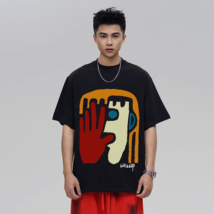 WASSUP潮牌美式复古重磅短袖T恤男夏季宽松oversize潮流圆领上衣