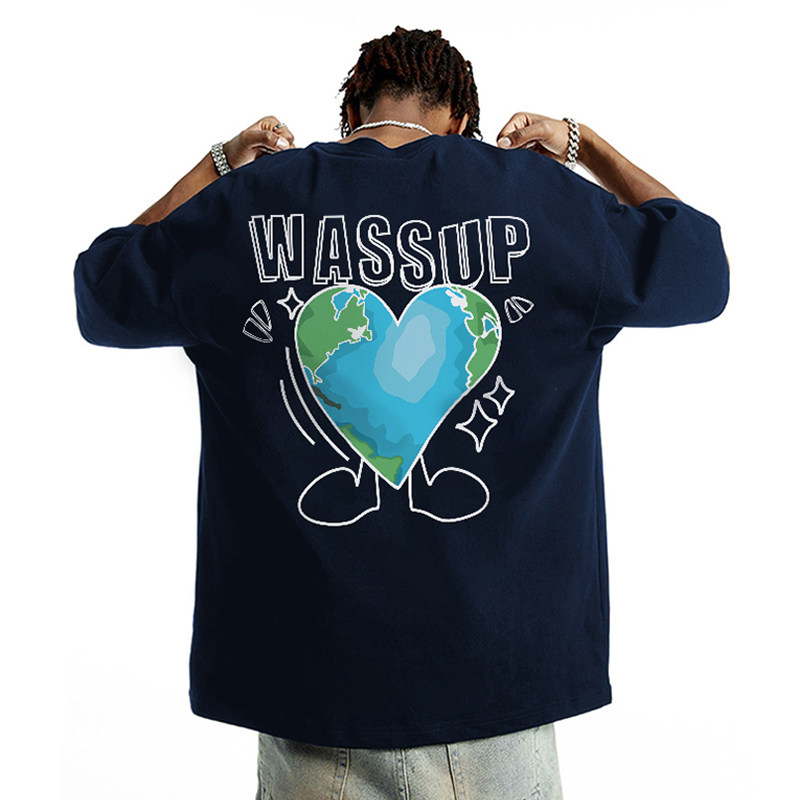 WASSUP爱心星球重磅潮牌短袖T恤男夏季新款宽松纯棉圆领体恤上衣