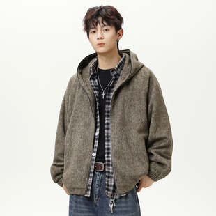 WASSUP潮牌马海毛连帽外套男女装秋冬慵懒风毛呢宽松美式复古卫衣