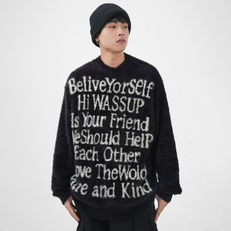 WASSUP HEODS字母圆领毛衣男秋冬新款日系保暖慵懒套头情侣针织衫