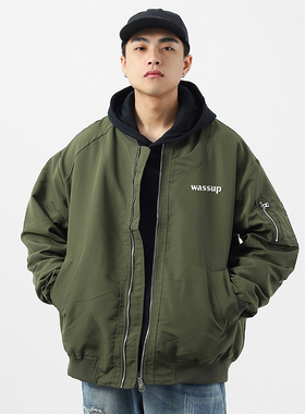 WASSUP重磅潮牌圆领飞行夹克男装外套春秋冬新款宽松休闲工装上衣