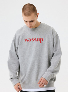 WASSUP基础灰色圆领卫衣男女秋冬加绒情侣装无帽长袖上衣重磅美式