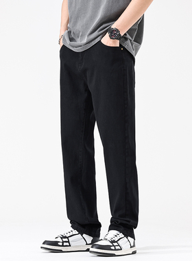 WASSUP黑色弯刀牛仔裤修身小脚男士裤子美式高弹力直筒休闲裤夏季