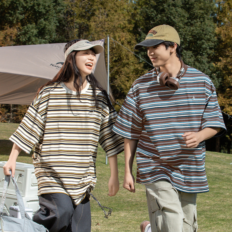 WASSUP美式条纹情侣撞色短袖T恤夏季2025新款男女圆领体恤上衣服
