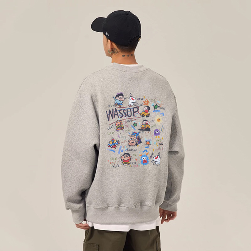 WASSUP可爱元素卡通小新灰色卫衣男女款秋冬宽松百搭圆领加绒上衣