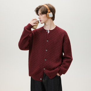 WASSUP复古绞花圆领开衫毛衣男女春秋25新款针织衫简约休闲外套女