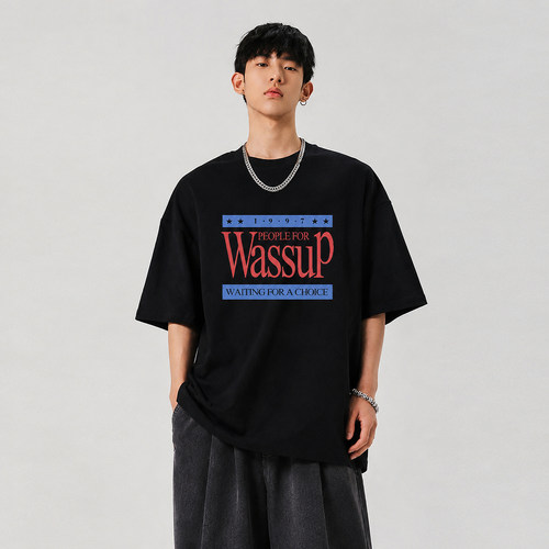 WASSUP旧宣浪潮印花短袖T恤男女