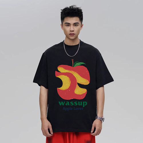 WASSUP苹果涂鸦潮牌重磅短袖T恤