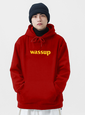 WASSUP秋冬新款加绒中国红色卫衣男女休闲美式重磅连帽衫套头外套