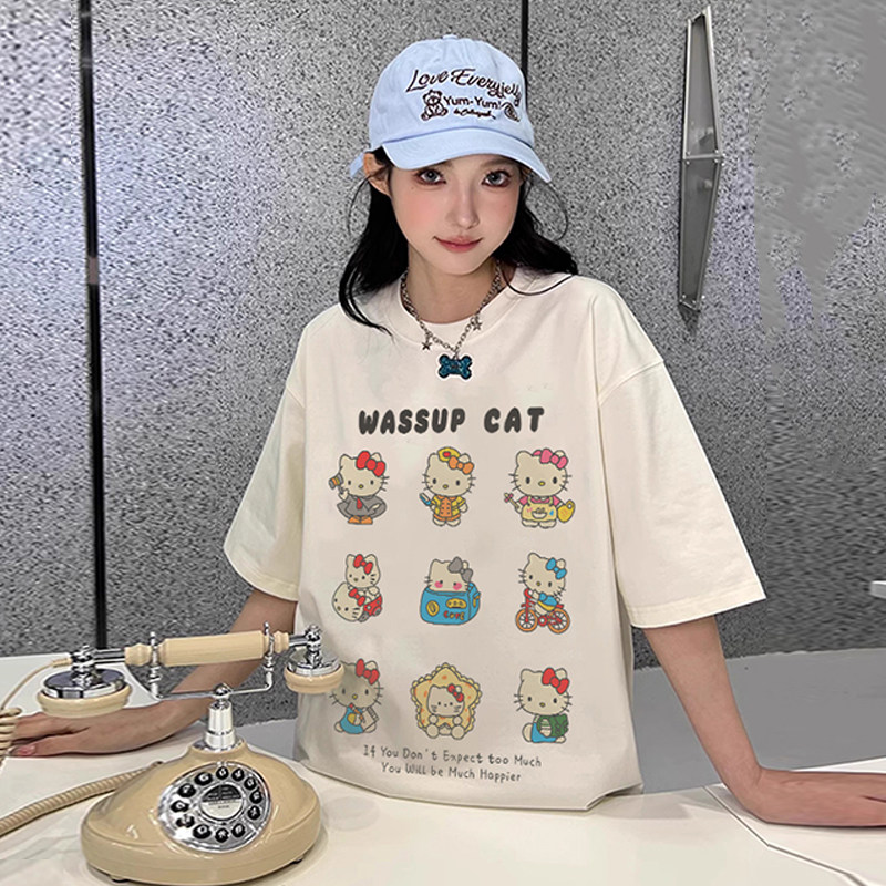 WASSUP潮牌趣味卡通kt猫短袖T恤