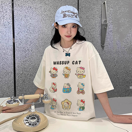 WASSUP卡通T恤短袖女夏季宽松休闲重磅纯棉情侣潮流百搭圆领上衣