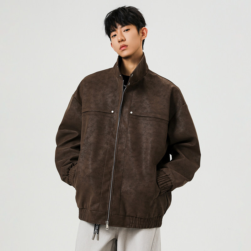 WASSUP美式复古翻领皮衣男款春秋季新款潮牌宽松百搭夹克休闲外套