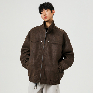 WASSUP美式复古翻领皮衣男款春秋季新款潮牌宽松百搭夹克休闲外套