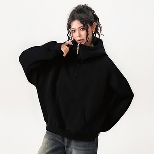 WASSUP美式重磅半拉链卫衣女秋季vibe潮牌纯色连帽衫百搭情侣外套